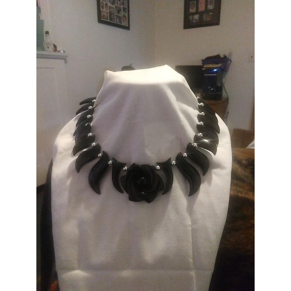 Vintage Black Rose And Silver Beads Statement Plastic Art Deco Necklace